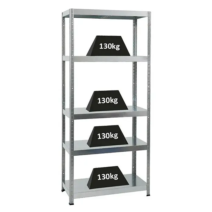 Proregal Metallregal Steel Eagle - Traglast pro Boden: 130 kg, Anzahl Böden: 5 Stk., Stecken, Verzinkt - Metallregal mit 4 grauen Metallböden, von denen jeder mit einem schwarzen Gewicht mit der Aufschrift 130kg beladen ist.