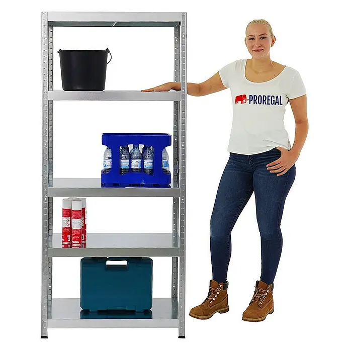Proregal Metallregal Steel Eagle - Traglast pro Boden: 130 kg, Anzahl Böden: 5 Stk., Stecken, Verzinkt - Ein robustes Metallregal mit vier Ebenen, beladen mit diversen Gegenständen, daneben eine Frau. Das Regal bietet viel Stauraum.