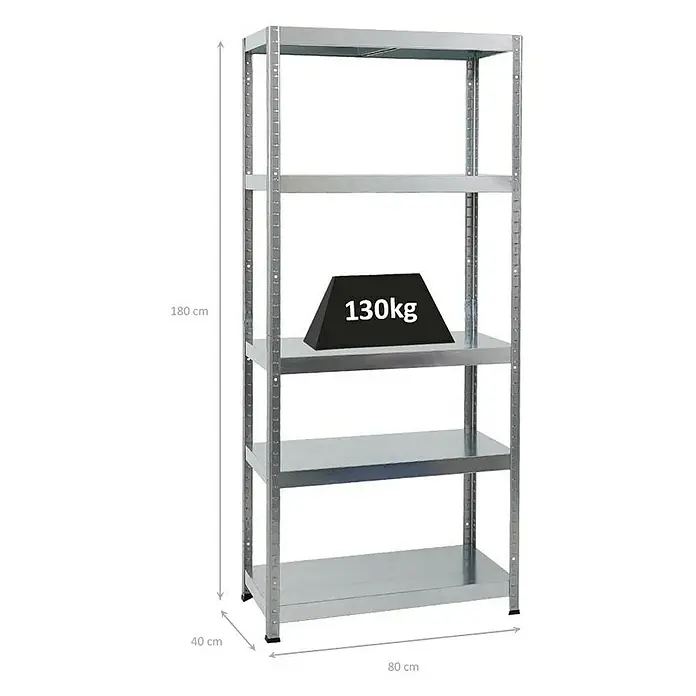 Proregal Metallregal Steel Eagle - Traglast pro Boden: 130 kg, Anzahl Böden: 5 Stk., Stecken, Verzinkt - Das Bild zeigt ein stabiles Metallregal mit fünf Ablageflächen, das mit einem Gewicht von 130 kg belastet ist. Die Abmessungen sind 180 cm Höhe, 80 cm Breite und 40 cm Tiefe.