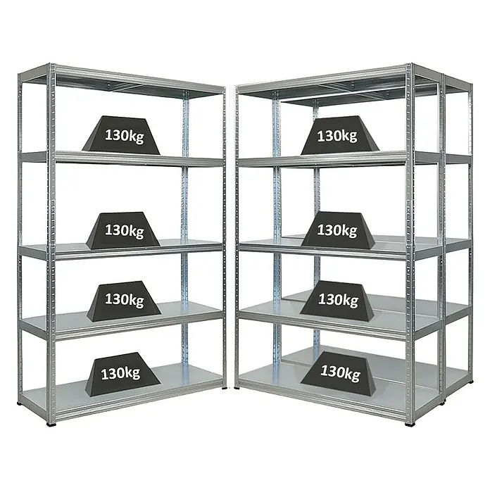 Proregal Metallregal Mega Deal Steel Eagle - Traglast pro Boden: 130 kg, Anzahl Böden: 5 Stk., Stecken, Verzinkt - Bild von zwei Metallregalen mit jeweils vier 130 kg schweren Gewichten auf den Regalböden. Die Regale sind silbern und haben einen einfachen Aufbau.