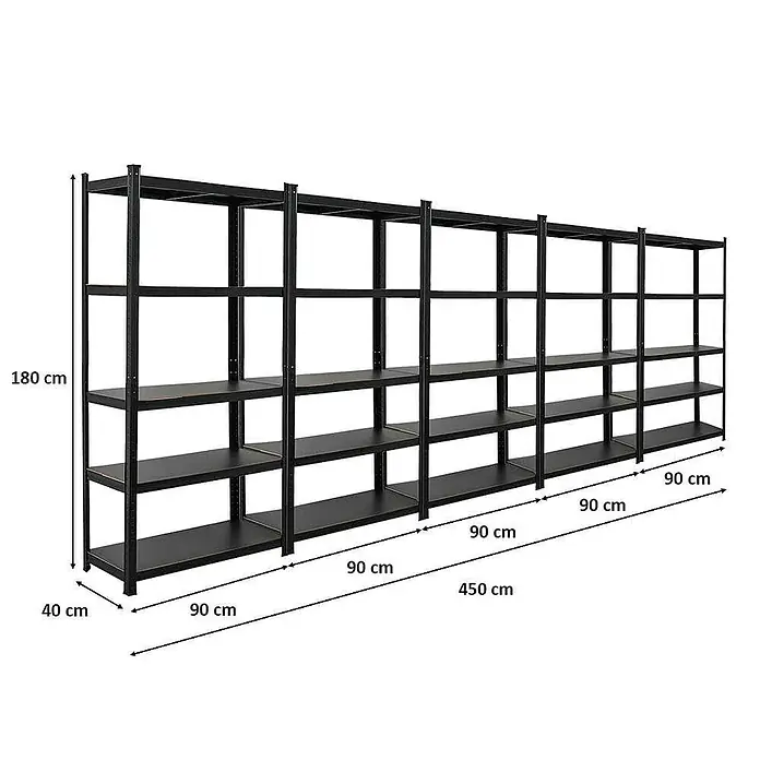 Proregal Metallregal Mega Deal All Black Series Ragnar - Traglast pro Boden: 100 kg, Anzahl Böden: 5 Stk., Stecken, Schwarz - Abbildung eines schwarzen Metallregals mit den Maßen 180 cm Höhe, 40 cm Tiefe und 450 cm Breite, bestehend aus fünf Regaleinheiten.