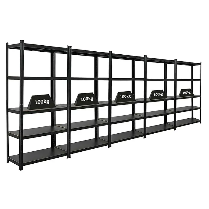 Proregal Metallregal Mega Deal All Black Series Ragnar - Traglast pro Boden: 100 kg, Anzahl Böden: 5 Stk., Stecken, Schwarz - Schwerlastregal aus Metall mit Regalböden, belastet mit 100kg Gewichten.