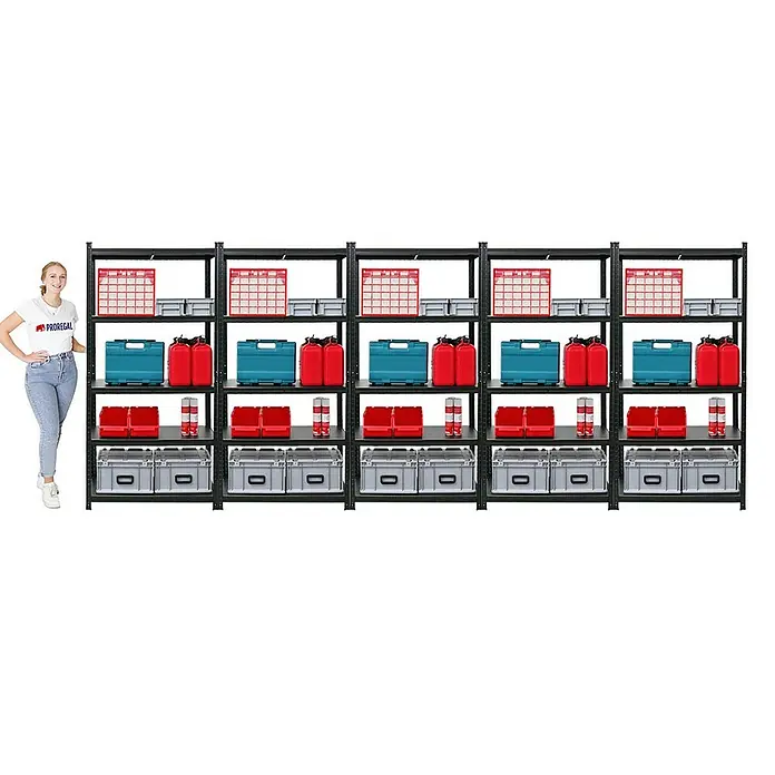 Proregal Metallregal Mega Deal All Black Series Ragnar - Traglast pro Boden: 100 kg, Anzahl Böden: 5 Stk., Stecken, Schwarz - Ein umfassendes Regalsystem, ideal für die Organisation von Garage oder Werkstatt, mit robusten schwarzen Regalen zur Lagerung verschiedener Gegenstände.
