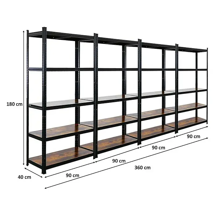 Proregal Metallregal Mega Deal All Black Series Ragnar - Traglast pro Boden: 100 kg, Anzahl Böden: 5 Stk., Stecken, Schwarz - Das Bild zeigt ein Schwerlastregal aus Metall mit vier Regalböden. Die Maße sind angegeben: Höhe 180 cm, Tiefe 40 cm, Länge 360 cm.