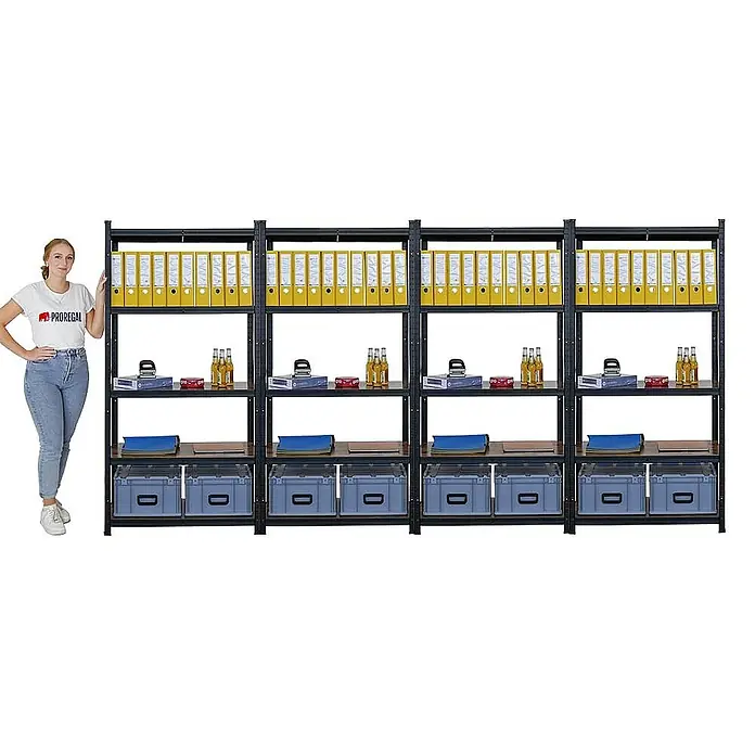 Proregal Metallregal Mega Deal All Black Series Ragnar - Traglast pro Boden: 100 kg, Anzahl Böden: 5 Stk., Stecken, Schwarz - Lagerregal mit gelben Ordnern, Ablagefächern und grauen Boxen. Praktische Regallösung für Büro oder Lager.