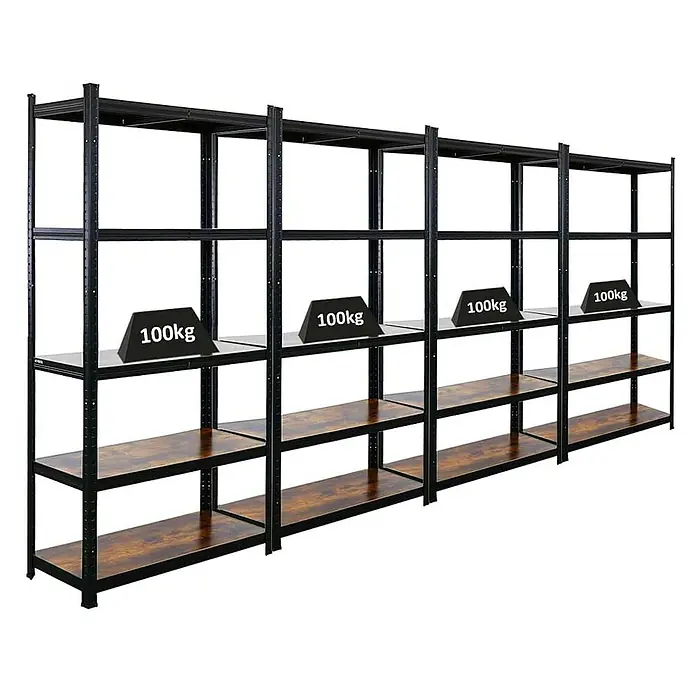 Proregal Metallregal Mega Deal All Black Series Ragnar - Traglast pro Boden: 100 kg, Anzahl Böden: 5 Stk., Stecken, Schwarz - Abbildung eines Schwerlastregals mit robusten Holzregalböden und einer Traglast von 100 kg pro Ebene.