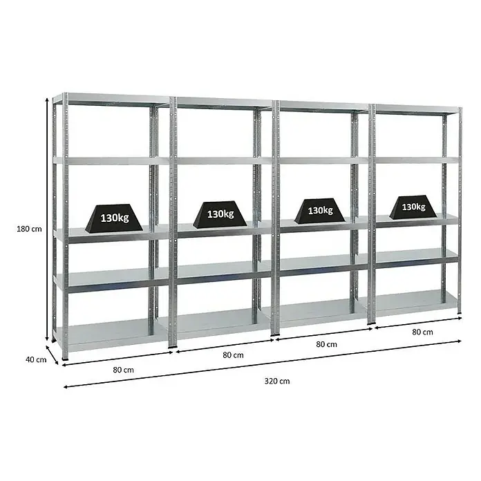 Proregal Metallregal Mega Deal Steel Eagle - Traglast pro Boden: 130 kg, Anzahl Böden: 5 Stk., Stecken, Verzinkt - Ein Bild von einem Metallregal mit vier Ebenen und Gewichten, das die Höhe, Tiefe und Breite des Regals zeigt.