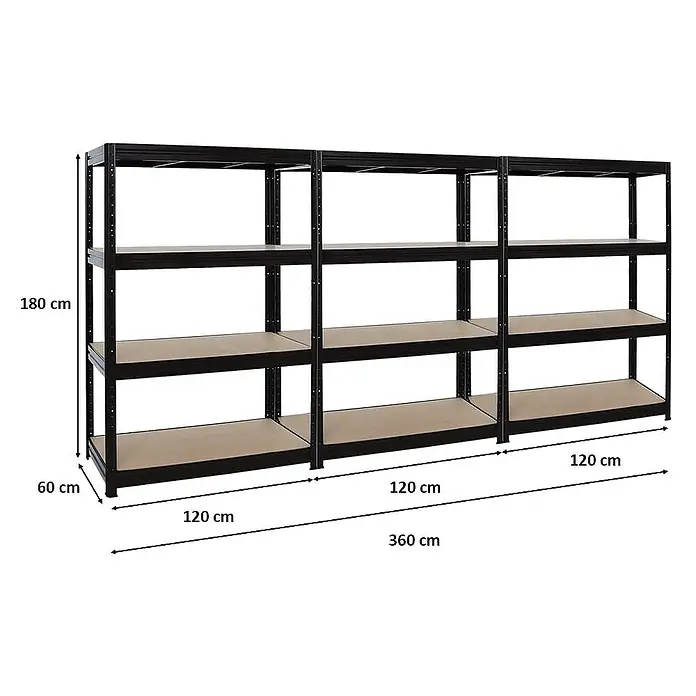 Proregal Schwerlastregal Mega Deal DINO - H x B x T: 180 x 120 x 60 cm, Traglast pro Boden: 600 kg, Anzahl Böden: 4 Stk., Stecken, Schwarz - Regalsystem mit 4 Ebenen, schwarz, mit den Maßen 180 cm Höhe, 60 cm Tiefe und 360 cm Breite, ideal für Lagerung und Organisation.