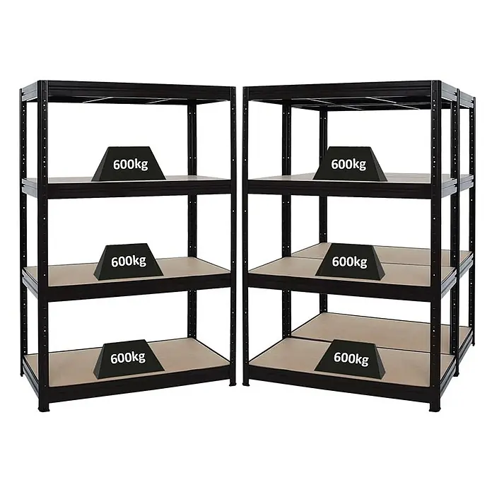 Proregal Schwerlastregal Mega Deal DINO - H x B x T: 180 x 120 x 60 cm, Traglast pro Boden: 600 kg, Anzahl Böden: 4 Stk., Stecken, Schwarz - Zwei schwarze Metallregale mit Holzregalböden, jeweils mit einem Gewicht von 600 kg auf jedem Regalboden.