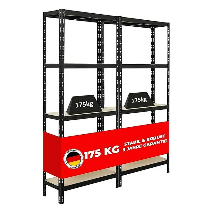 Proregal Schwerlastregal Mega Deal APOLLO - Traglast pro Boden: 175 kg, Anzahl Böden: 5 Stk., Stecken, Schwarz - Belastbares Schwerlastregal mit fünf Regalböden. Garantiert stabil und robust, ideal für Lagerung und Ordnung.