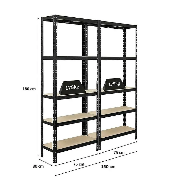 Proregal Schwerlastregal Mega Deal APOLLO - Traglast pro Boden: 175 kg, Anzahl Böden: 5 Stk., Stecken, Schwarz - Abbildung eines Schwerlastregals mit den Maßen 180 x 150 x 30 cm, belastbar mit 175 kg pro Ebene.