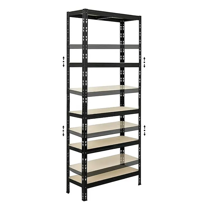 Proregal Schwerlastregal Mega Deal APOLLO - Traglast pro Boden: 175 kg, Anzahl Böden: 5 Stk., Stecken, Schwarz - Ein verstellbares Schwerlastregal mit mehreren Regalböden aus Holz und einem schwarzen Metallrahmen zur Lagerung und Organisation.
