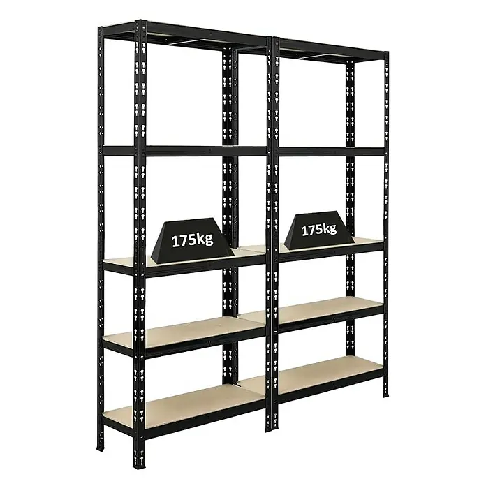 Proregal Schwerlastregal Mega Deal APOLLO - Traglast pro Boden: 175 kg, Anzahl Böden: 5 Stk., Stecken, Schwarz - Regale mit fünf Ebenen und 175 kg Traglast. Die Regale sind schwarz und bestehen aus Metall und Holz. Sie sind ideal für Lagerung.
