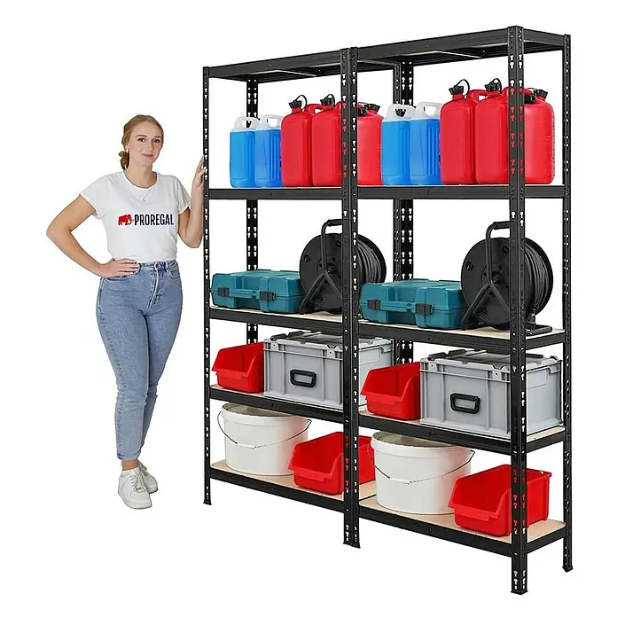 Proregal Schwerlastregal Mega Deal APOLLO - Traglast pro Boden: 175 kg, Anzahl Böden: 5 Stk., Stecken, Schwarz - Abbildung eines robusten Proregal-Lagerregals mit verschiedenen Behältern und Zubehör, ideal für Garage oder Werkstatt.