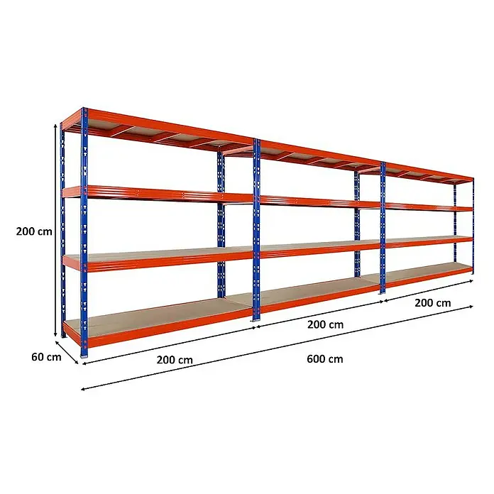 Proregal Schwerlastregal Mega Deal Profi RHINO - Traglast pro Boden: 500 kg, Anzahl Böden: 4 Stk., Stecken, Blau-Orange - Lagerregal mit vier Ebenen in Orange und Blau mit Maßangaben für Höhe, Tiefe und Länge.