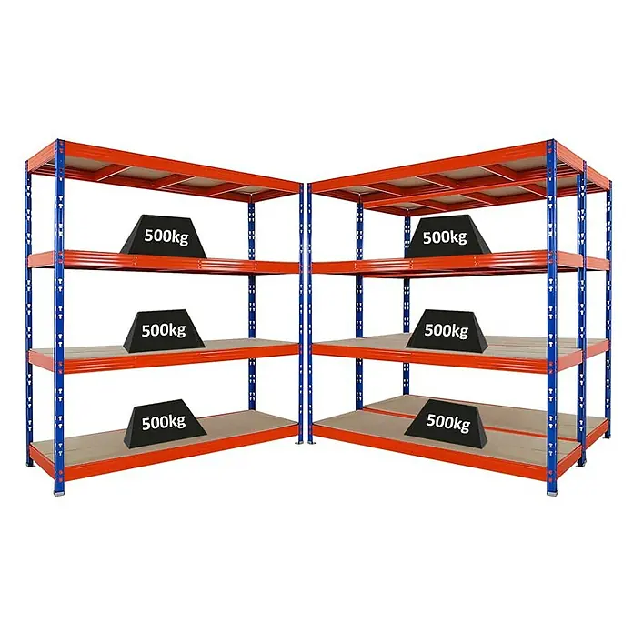 Proregal Schwerlastregal Mega Deal Profi RHINO - Traglast pro Boden: 500 kg, Anzahl Böden: 4 Stk., Stecken, Blau-Orange - Zwei Schwerlastregale mit 500kg Last pro Ebene. Ideal für Lagerung und Ordnung.