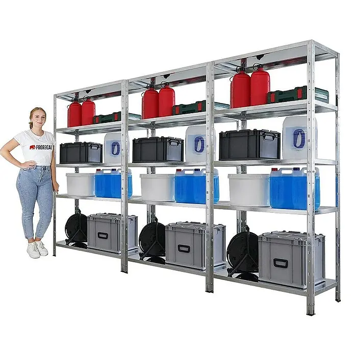 Mega Deal | 3x Schwerlastregal Ares | HxBxT 180x90x40cm | Fachlast 125 kg | Verzinkt -  - Produktaufnahme eines Lagerregals mit Regalböden, gefüllt mit diversen Boxen und Kanistern, daneben eine Frau als Größenvergleich.