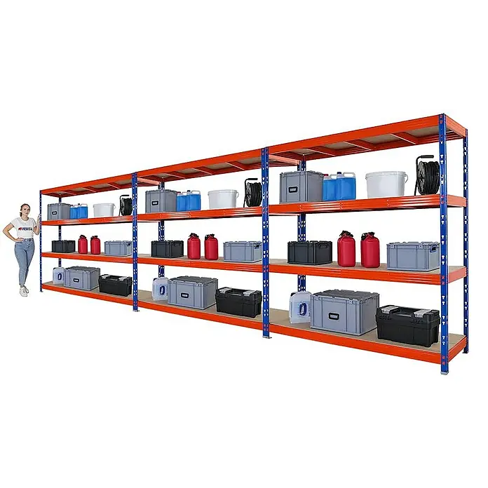 Proregal Schwerlastregal Mega Deal Profi RHINO - Traglast pro Boden: 500 kg, Anzahl Böden: 4 Stk., Stecken, Blau-Orange - Aufnahme eines großen, mehrstöckigen Schwerlastregalsystems mit verschiedenen Behältern, die darauf gelagert sind.