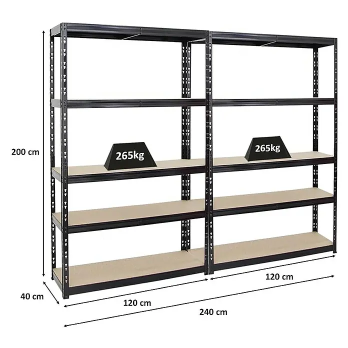 Proregal Schwerlastregal Mega Deal Giant Tiger - Traglast pro Boden: 265 kg, Anzahl Böden: 5 Stk., Stecken, Schwarz - Metallregal mit vier Ebenen und Gewichtsangaben.
