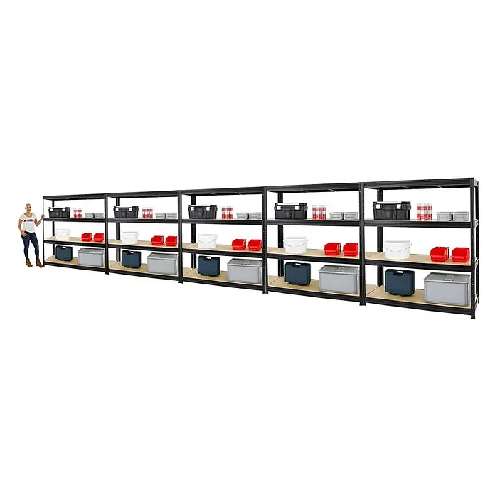Proregal Schwerlastregal Mega Deal DINO - Traglast pro Boden: 600 kg, Anzahl Böden: 4 Stk., Stecken, Schwarz - Metallregalsystem mit mehreren Ebenen und diversen Aufbewahrungsbehältern für Garage oder Keller. Praktische Lagerlösung.