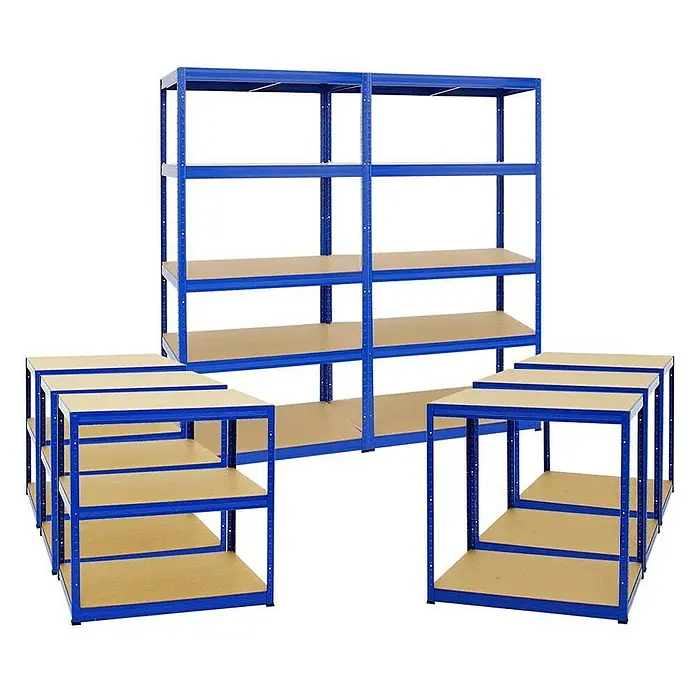Proregal Schwerlastregal Mega Deal Slim Elephant M - H x B x T: 180 x 90 x 60 cm, Traglast pro Boden: 350 kg, Anzahl Böden: 5 Stk., Stecken, Blau - Ein blaues Metallregal mit mehreren Ebenen und zusätzlichen kleinen Regalen zur vielseitigen Aufbewahrungslösung.