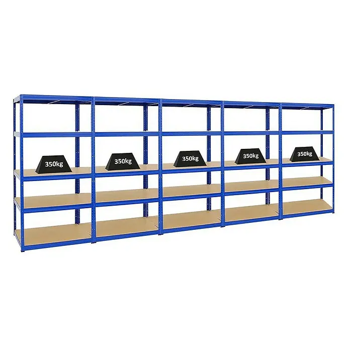 Proregal Schwerlastregal Mega Deal Slim Elephant M - H x B x T: 180 x 90 x 60 cm, Traglast pro Boden: 350 kg, Anzahl Böden: 5 Stk., Stecken, Blau - Abbildung eines blauen Lagerregals mit vier Etagen und einer Gewichtsangabe von 350kg auf der mittleren Ebene zur Illustration der Belastbarkeit.