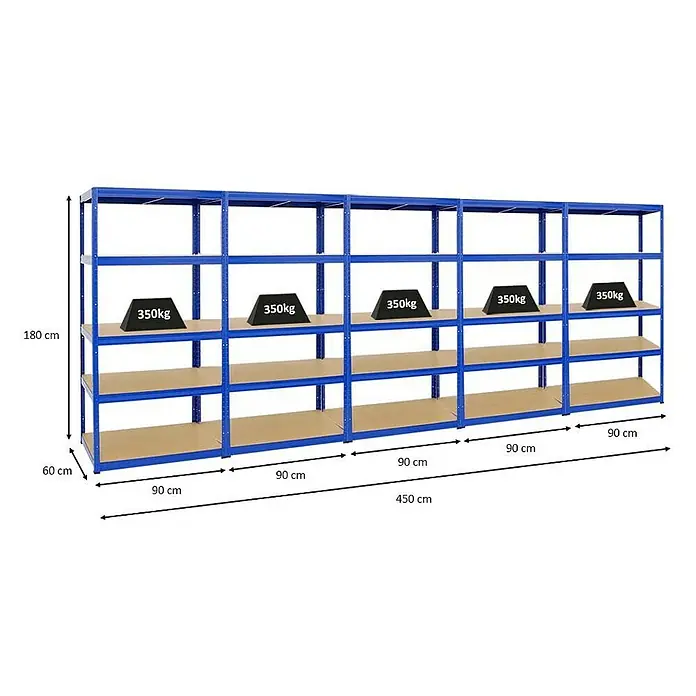 Proregal Schwerlastregal Mega Deal Slim Elephant M - H x B x T: 180 x 90 x 60 cm, Traglast pro Boden: 350 kg, Anzahl Böden: 5 Stk., Stecken, Blau - Regal mit fünf Fächern und Gewichten auf einer Ebene zur Veranschaulichung der Belastbarkeit.