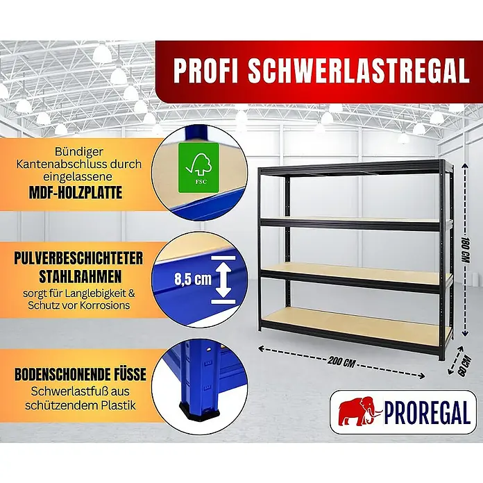 Proregal Schwerlastregal DINO - H x B x T: 180 x 200 x 60 cm, Traglast pro Boden: 500 kg, Anzahl Böden: 4 Stk., Stecken, Schwarz - Abbildung eines Schwerlastregals mit MDF-Holzplatte, pulverbeschichtetem Stahlrahmen und bodenschonenden Füßen.