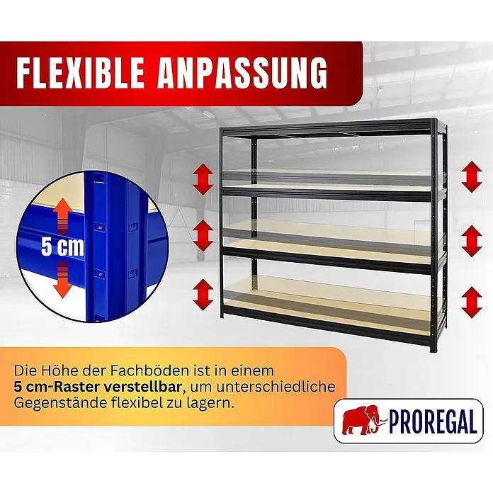 Proregal Schwerlastregal DINO - H x B x T: 180 x 200 x 60 cm, Traglast pro Boden: 500 kg, Anzahl Böden: 4 Stk., Stecken, Schwarz - Abbildung eines flexiblen Regalsystems mit verstellbaren Regalböden im Abstand von 5 cm für eine optimale Anpassung.