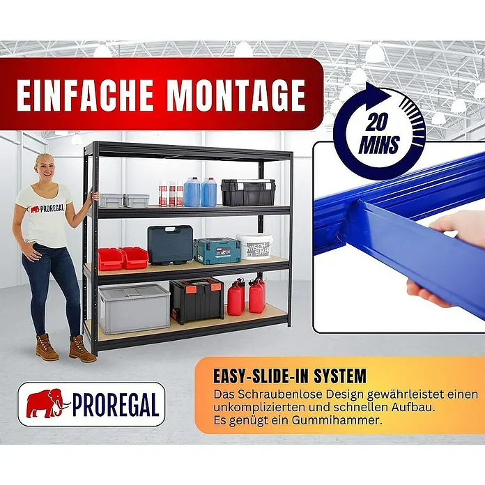 Proregal Schwerlastregal DINO - H x B x T: 180 x 200 x 60 cm, Traglast pro Boden: 500 kg, Anzahl Böden: 4 Stk., Stecken, Schwarz - Präsentation des Proregal Schwerlastregals mit einfacher Montage und Easy-Slide-In-System.