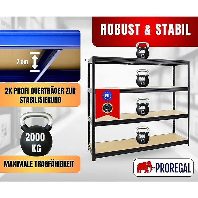 Proregal Schwerlastregal DINO - H x B x T: 180 x 200 x 60 cm, Traglast pro Boden: 500 kg, Anzahl Böden: 4 Stk., Stecken, Schwarz - Produktbild eines robusten und stabilen Schwerlastregals mit vier Regalböden, das jeweils mit 500 kg belastbar ist.