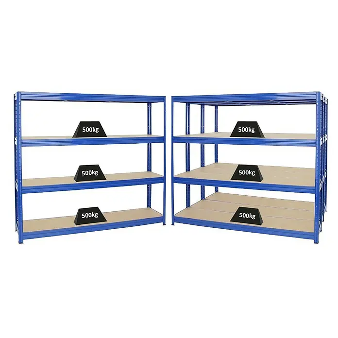 Proregal Schwerlastregal Mega Deal DINO - H x B x T: 180 x 200 x 45 cm, Traglast pro Boden: 500 kg, Anzahl Böden: 4 Stk., Stecken, Blau - Abbildung von zwei blauen Schwerlastregalen mit Holzböden, die jeweils mit Gewichten von 500 kg belastet sind. Robuste und belastbare Regale.