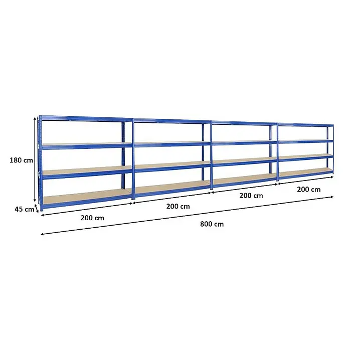 Proregal Schwerlastregal Mega Deal DINO - H x B x T: 180 x 200 x 45 cm, Traglast pro Boden: 500 kg, Anzahl Böden: 4 Stk., Stecken, Blau - Vier Regale mit jeweils drei Böden, die für Lagerzwecke genutzt werden können und eine Höhe von 180 cm und eine Tiefe von 45 cm haben.
