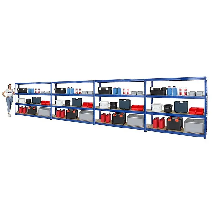 Proregal Schwerlastregal Mega Deal DINO - H x B x T: 180 x 200 x 45 cm, Traglast pro Boden: 500 kg, Anzahl Böden: 4 Stk., Stecken, Blau - Regal mit vier Regalböden und diversen Gegenständen, die auf den Regalböden angeordnet sind. Eine Person steht neben dem Regal zur Größenorientierung.