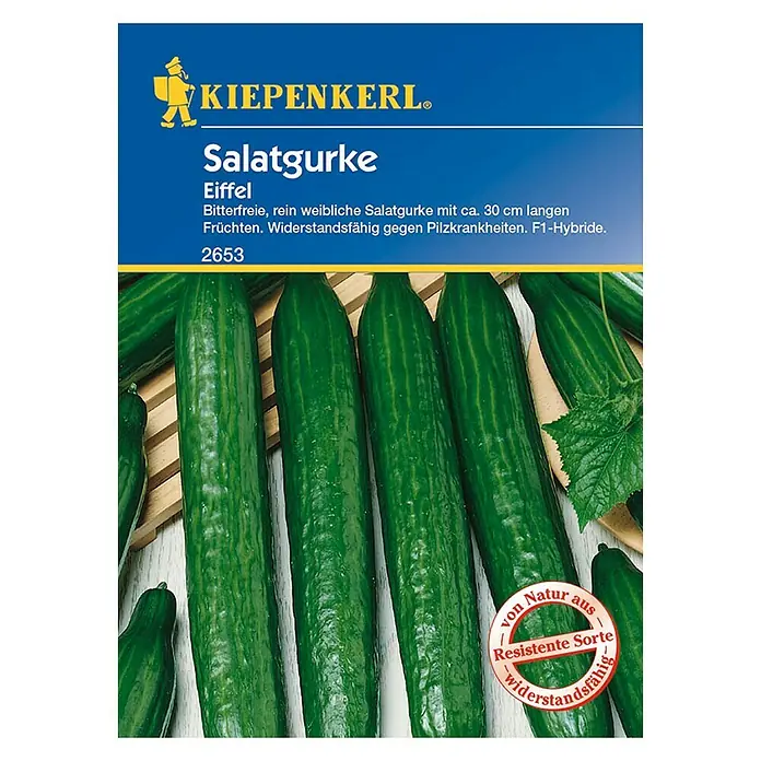 Kiepenkerl Gemüsesamen Salatgurke Eiffel - Cucumis sativus, Erntezeit: Juli - Abbildung einer Kiepenkerl-Saatgutpackung mit "Eiffel"-Salatgurken, einer bitterfreien und widerstandsfähigen Sorte.