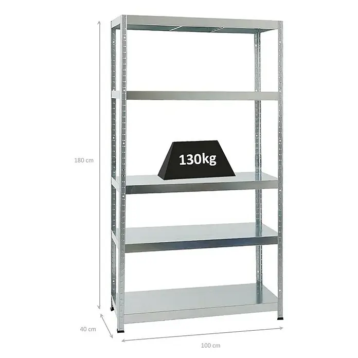 Proregal Metallregal Steel Eagle - Traglast pro Boden: 130 kg, Anzahl Böden: 5 Stk., Stecken, Verzinkt - Das Bild zeigt ein silbernes Metallregal mit fünf Ablagen, von denen eine mit einem Gewicht von 130 kg belastet ist. Die Maße des Regals sind 180 cm Höhe, 100 cm Breite und 40 cm Tiefe.