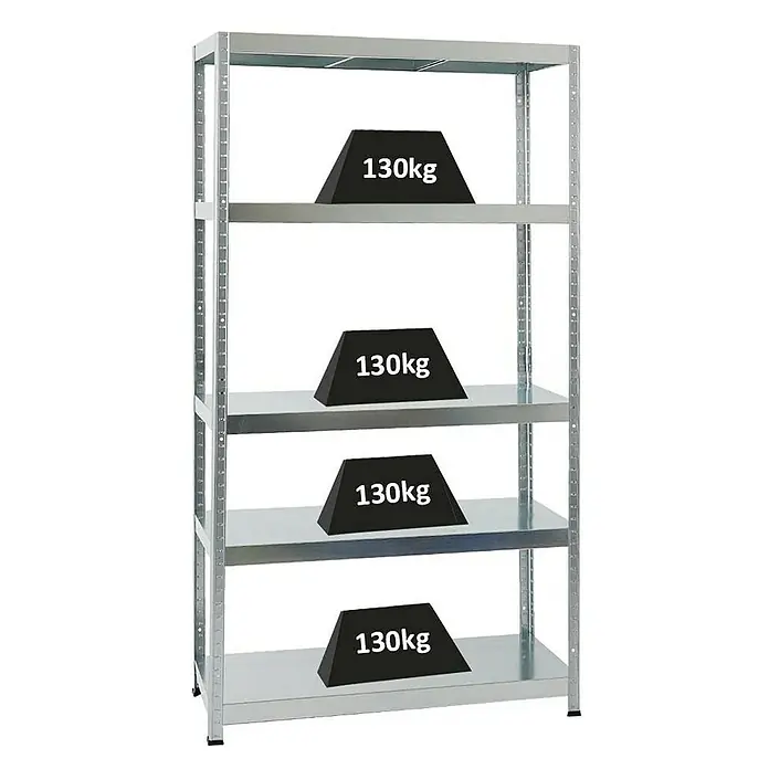 Proregal Metallregal Steel Eagle - Traglast pro Boden: 130 kg, Anzahl Böden: 5 Stk., Stecken, Verzinkt - Schwerlastregal mit vier Ebenen, jede mit 130 kg belastet, ideal für Lagerung und Organisation im Keller oder in der Werkstatt.