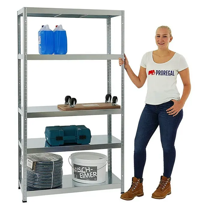 Proregal Metallregal Steel Eagle - Traglast pro Boden: 130 kg, Anzahl Böden: 5 Stk., Stecken, Verzinkt - Produktfoto eines silberfarbenen Schwerlastregals mit fünf Ablagen, beladen mit Werkzeugen und Behältern.