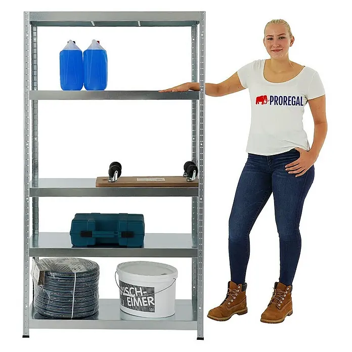 Proregal Metallregal Steel Eagle - Traglast pro Boden: 130 kg, Anzahl Böden: 5 Stk., Stecken, Verzinkt - Produktaufnahme eines silbernen Metallregals mit fünf Ebenen, gefüllt mit verschiedenen Gegenständen, und einer Frau daneben.