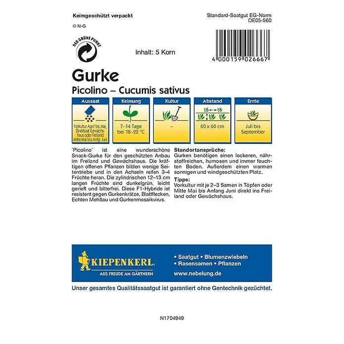 Kiepenkerl Profi-Line Gemüsesamen Gurke Picolino - Cucumis sativus, Erntezeit: Juli - Bild einer 'Picolino' Gurkensamenpackung von Kiepenkerl, ideal für den Anbau im Freien oder im Gewächshaus. Sie verspricht leckere, bitterfreie Snack-Gurken.