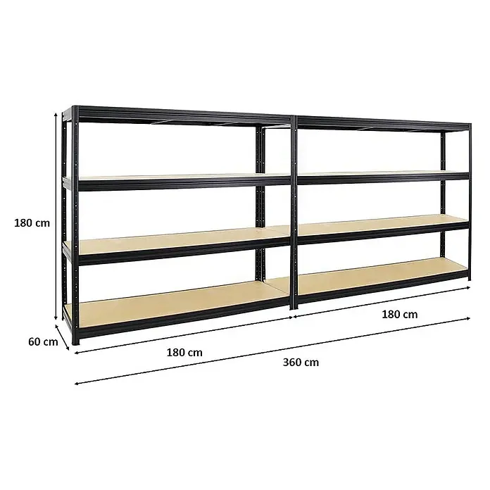 Proregal Schwerlastregal Mega Deal DINO - Traglast pro Boden: 500 kg, Anzahl Böden: 4 Stk., Stecken, Schwarz - Regal mit Metallrahmen und drei Einlegeböden, Maße: 180 cm Höhe, 60 cm Tiefe, 360 cm Breite, ideal für Lagerung und Ordnung.
