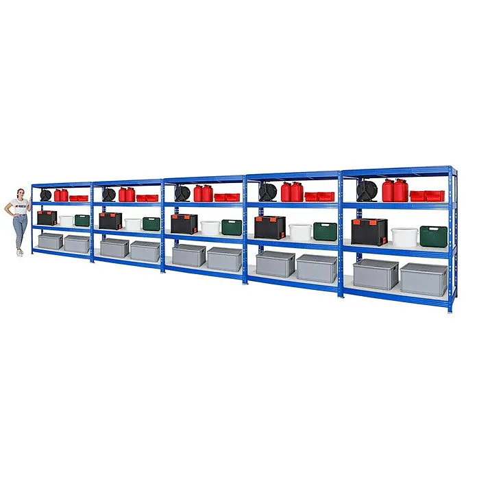 Proregal Schwerlastregal Mega Deal Profi RHINO - H x B x T: 180 x 160 x 60 cm, Traglast pro Boden: 500 kg, Anzahl Böden: 4 Stk., Stecken, Blau - Blaues Schwerlastregal mit vier Ebenen und verschiedenen Behältern, ideal für Lagerung.