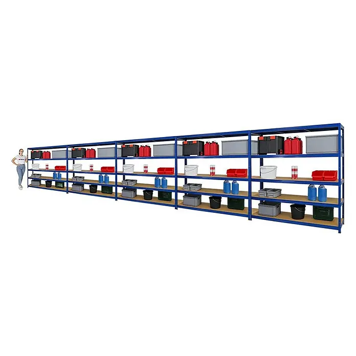 Proregal Schwerlastregal Mega Deal Giant Elephant - H x B x T: 180 x 180 x 45 cm, Traglast pro Boden: 200 kg, Anzahl Böden: 5 Stk., Stecken, Blau - Ein blaues Schwerlastregal voll mit Boxen, Kanistern und Eimern in verschiedenen Farben und Größen, mit einer Frau daneben.