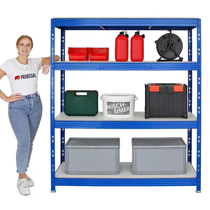 Proregal Schwerlastregal Mega Deal Profi RHINO - H x B x T: 180 x 160 x 60 cm, Traglast pro Boden: 500 kg, Anzahl Böden: 4 Stk., Stecken, Blau - Regal mit vier Ebenen in Blau, gefüllt mit Behältern, Kanistern und Boxen für die Lagerung im Lager oder Keller.