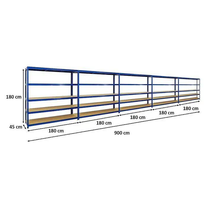 Proregal Schwerlastregal Mega Deal Giant Elephant - H x B x T: 180 x 180 x 45 cm, Traglast pro Boden: 200 kg, Anzahl Böden: 5 Stk., Stecken, Blau - Langes, blaues Schwerlastregal mit fünf Ebenen und hellbraunen Regalböden. Ideal für Lagerung und Organisation.