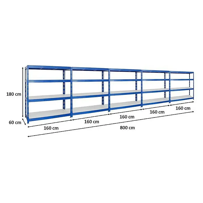 Proregal Schwerlastregal Mega Deal Profi RHINO - H x B x T: 180 x 160 x 60 cm, Traglast pro Boden: 500 kg, Anzahl Böden: 4 Stk., Stecken, Blau - Ansicht eines blauen Metallregals mit fünf Ebenen, das 180 cm hoch und 800 cm breit ist.