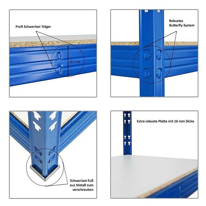 Proregal Schwerlastregal Mega Deal Profi RHINO - H x B x T: 180 x 160 x 60 cm, Traglast pro Boden: 500 kg, Anzahl Böden: 4 Stk., Stecken, Blau - Details des Schwerlastregals: Träger, Butterfly-System, Metalfüße und robuste 16-mm-Platte für hohe Stabilität.