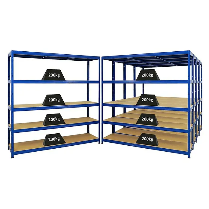 Proregal Schwerlastregal Mega Deal Giant Elephant - H x B x T: 180 x 180 x 45 cm, Traglast pro Boden: 200 kg, Anzahl Böden: 5 Stk., Stecken, Blau - Bild von zwei blauen Schwerlastregalen mit Holzregalböden, die jeweils mit 200 kg belastet sind.