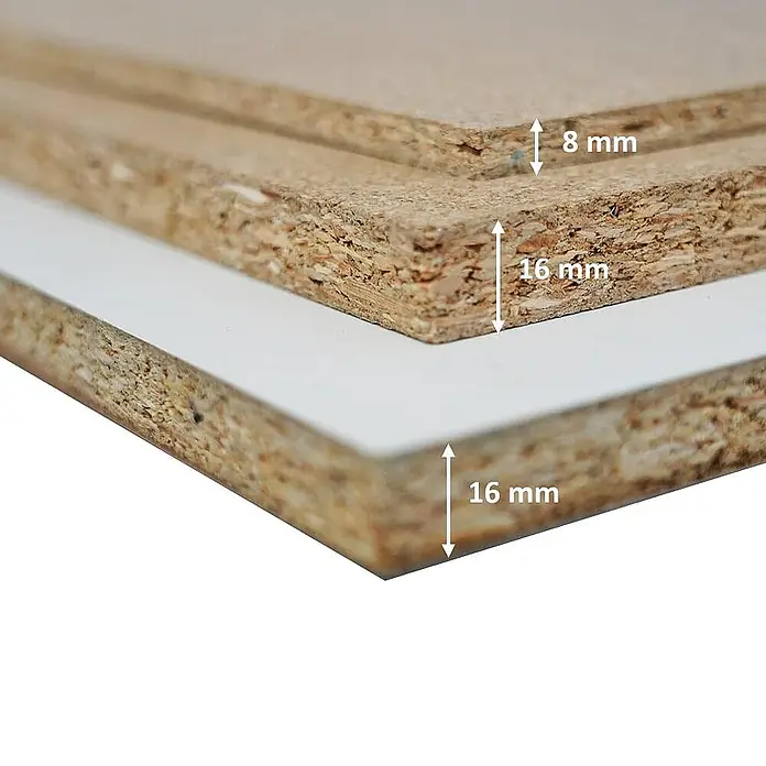 Proregal Schwerlastregal Mega Deal Profi RHINO - H x B x T: 180 x 160 x 60 cm, Traglast pro Boden: 500 kg, Anzahl Böden: 4 Stk., Stecken, Blau - Nahaufnahme von drei Spanplatten unterschiedlicher Dicke, die die Materialbeschaffenheit und die präzisen Maße (8 mm und 16 mm) zeigen.