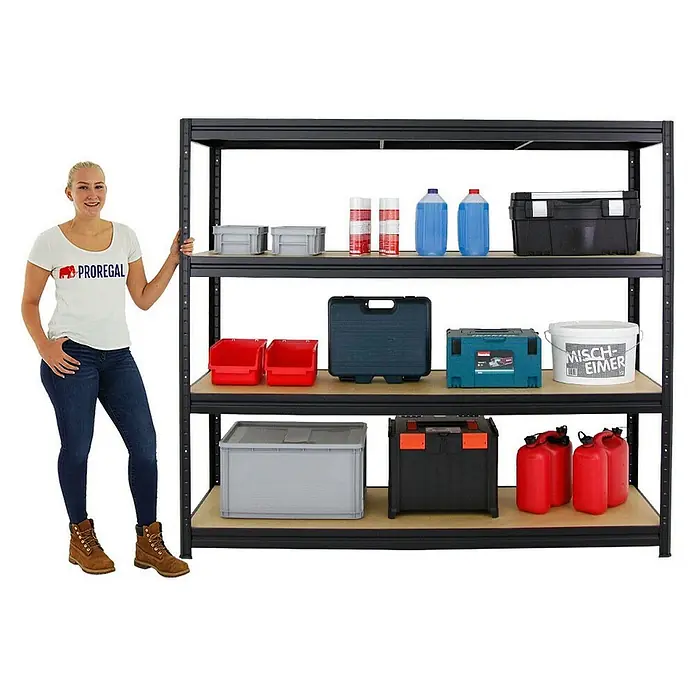 Proregal Schwerlastregal Mega Deal DINO - Traglast pro Boden: 500 kg, Anzahl Böden: 4 Stk., Stecken, Schwarz - Großes, gefülltes Schwerlastregal mit vier Ebenen. Ideal für Werkstatt, Garage oder Lager, ausgestattet mit robusten Materialien und viel Stauraum.